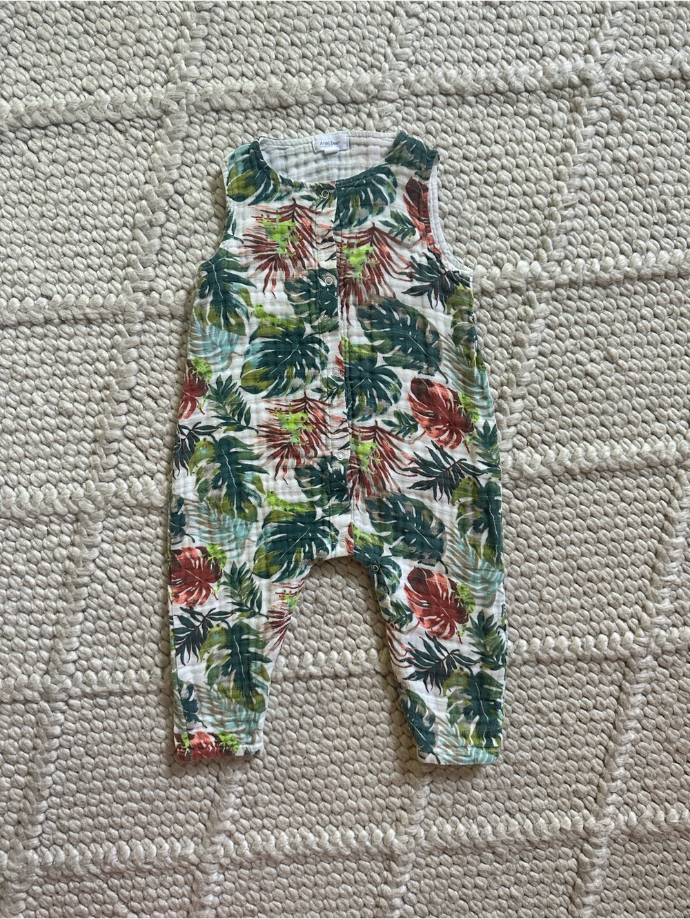 Angel Dear Tropical Leaf Muslin Romper - Green, Red, Yellow